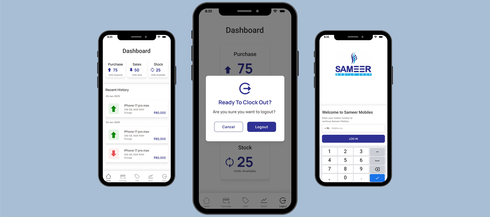 Sameer Mobile app dashboard showcasing buying and selling features